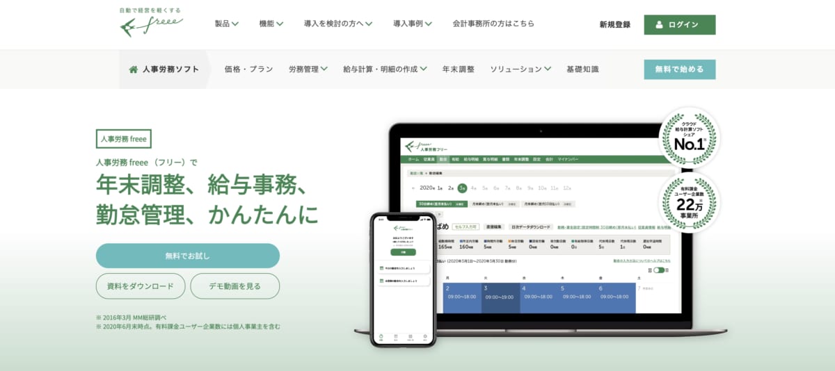 テレワーク　クラウドサービス：freee人事労務の公式HPの画像