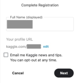kaggle account information confirmation screen